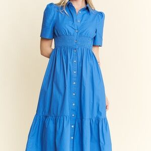 NWT Bold Electric Blue Shirt Dress with Smocked Waist –S,M,L,XL